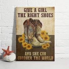 Load image into Gallery viewer, GIVE A GIRL THE RIGHT SHOES &amp; SHE CAN CONQUER THE WORLD . CANVAS WALL ART
