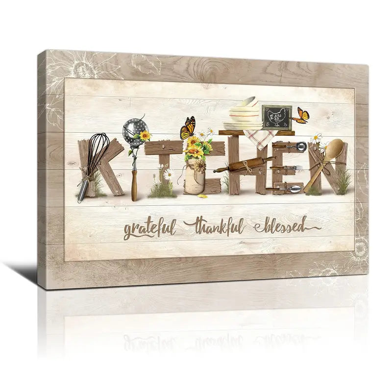 KITCHEN GRATEFUL . THANKFUL . BLESSED . CANVAS WALL ART